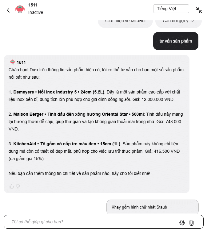 mirabot áp dụng trong tư vấn sản phẩm
